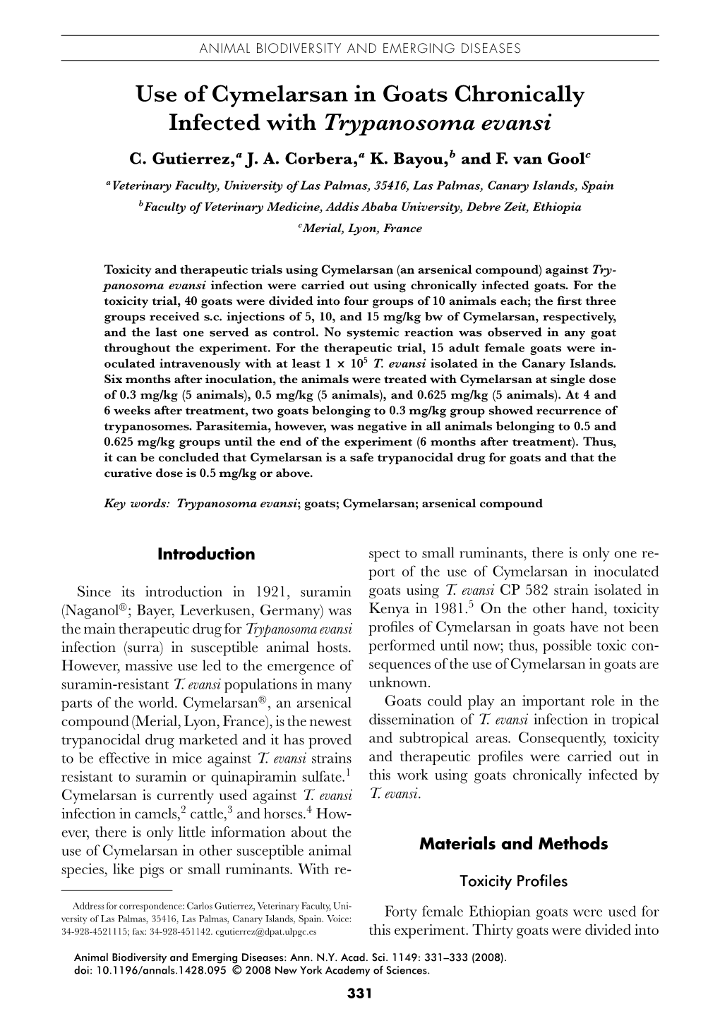 Use of Cymelarsan in Goats Chronically Infected with Trypanosoma Evansi C