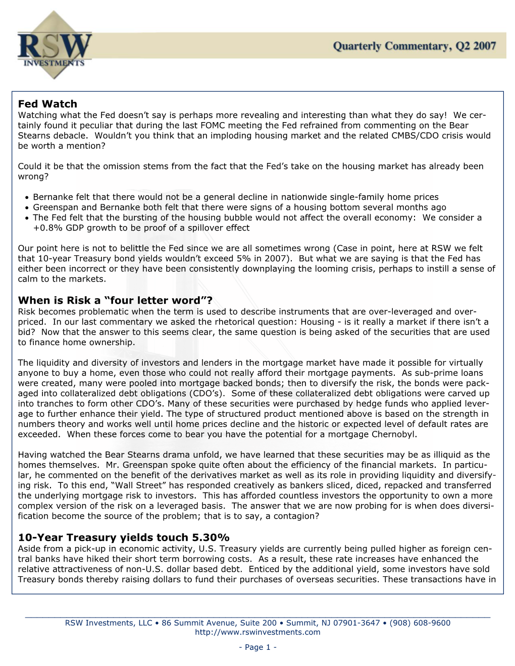 2Nd Quarter Fixed Income Newsletter