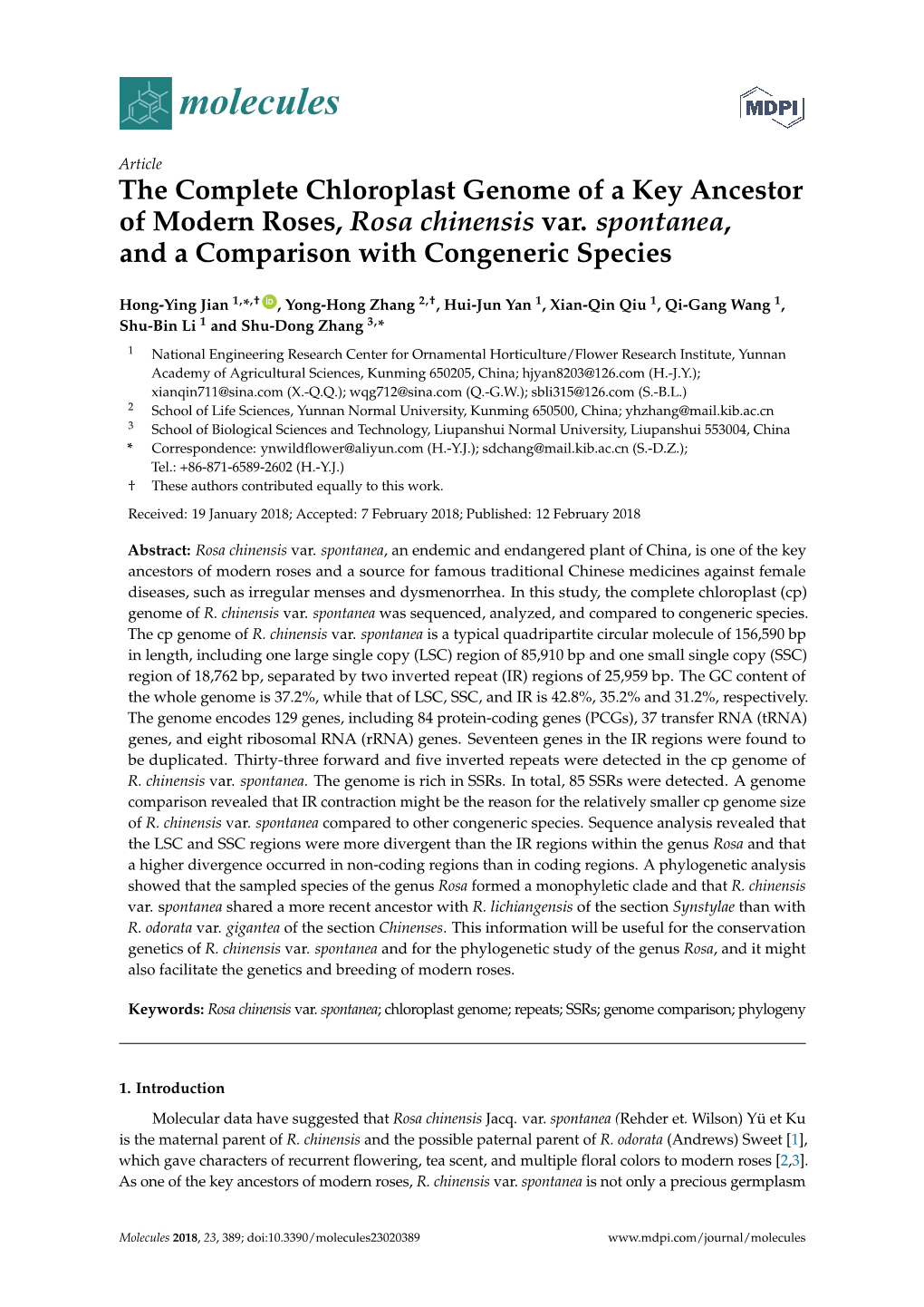The Complete Chloroplast Genome of a Key Ancestor of Modern Roses, Rosa Chinensis Var