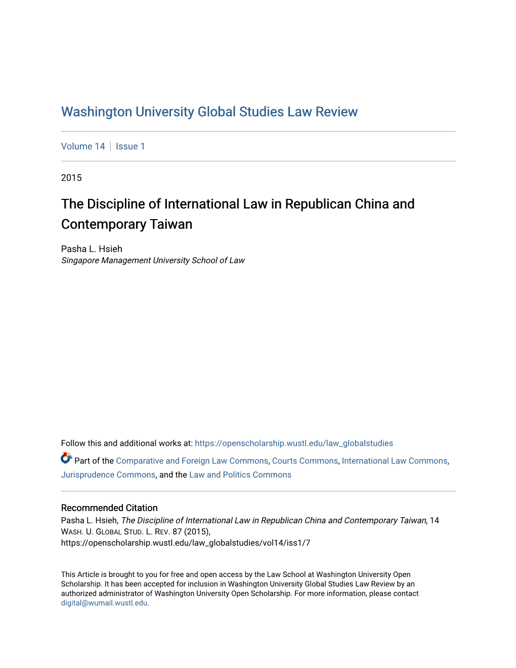 The Discipline of International Law in Republican China and Contemporary Taiwan