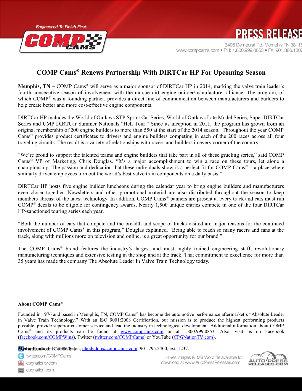 COMP Cams Renews Partnership with Dirtcar HP for Upcoming Season