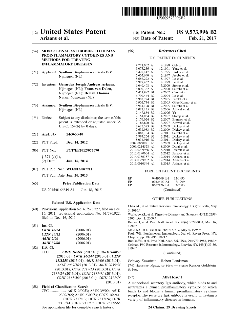 (12) United States Patent (10) Patent No.: US 9,573.996 B2 Ariaans Et Al