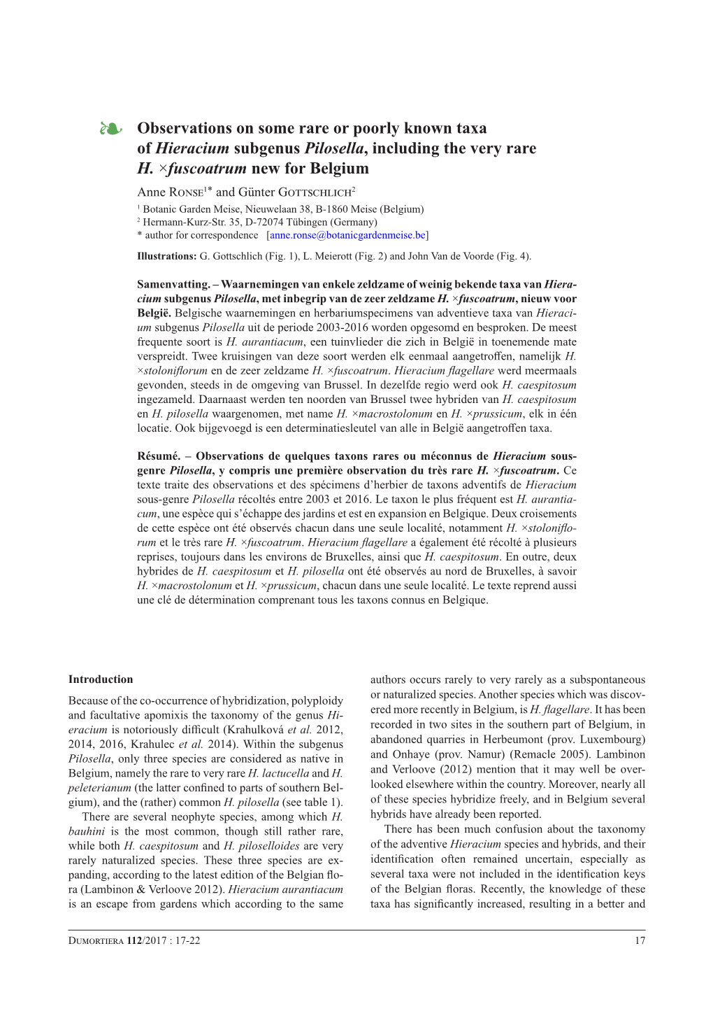 Observations on Some Rare Or Poorly Known Taxa of Hieracium Subgenus Pilosella, Including the Very Rare H