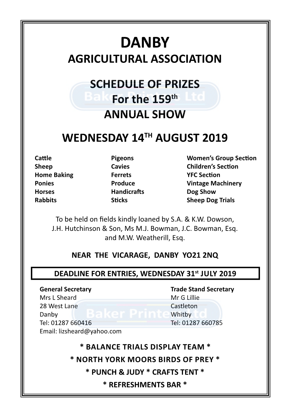 AGRICULTURAL ASSOCIATION SCHEDULE of PRIZES for the 159Th ANNUAL SHOW WEDNESDAY 14TH AUGUST 2019