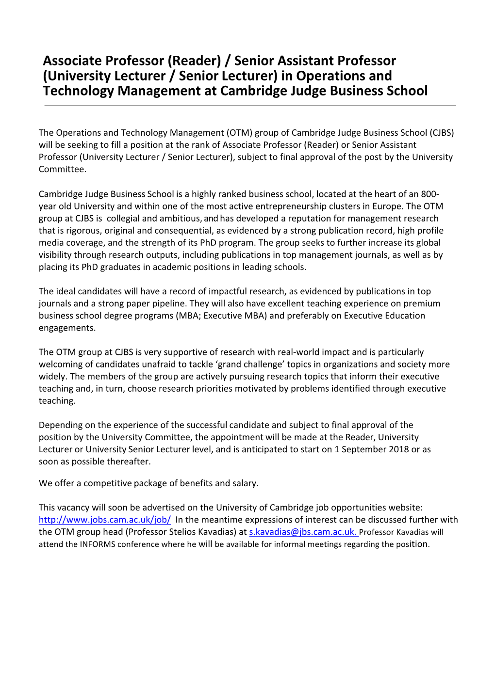 (Reader) / Senior Assistant Professor (University Lecturer / Senior Lecturer) in Operations and Technology Management at Cambridge Judge Business School