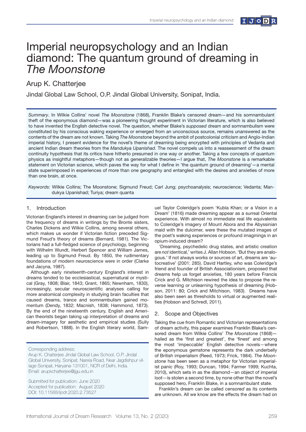 Imperial Neuropsychology and an Indian Diamond: the Quantum Ground of Dreaming in the Moonstone Arup K