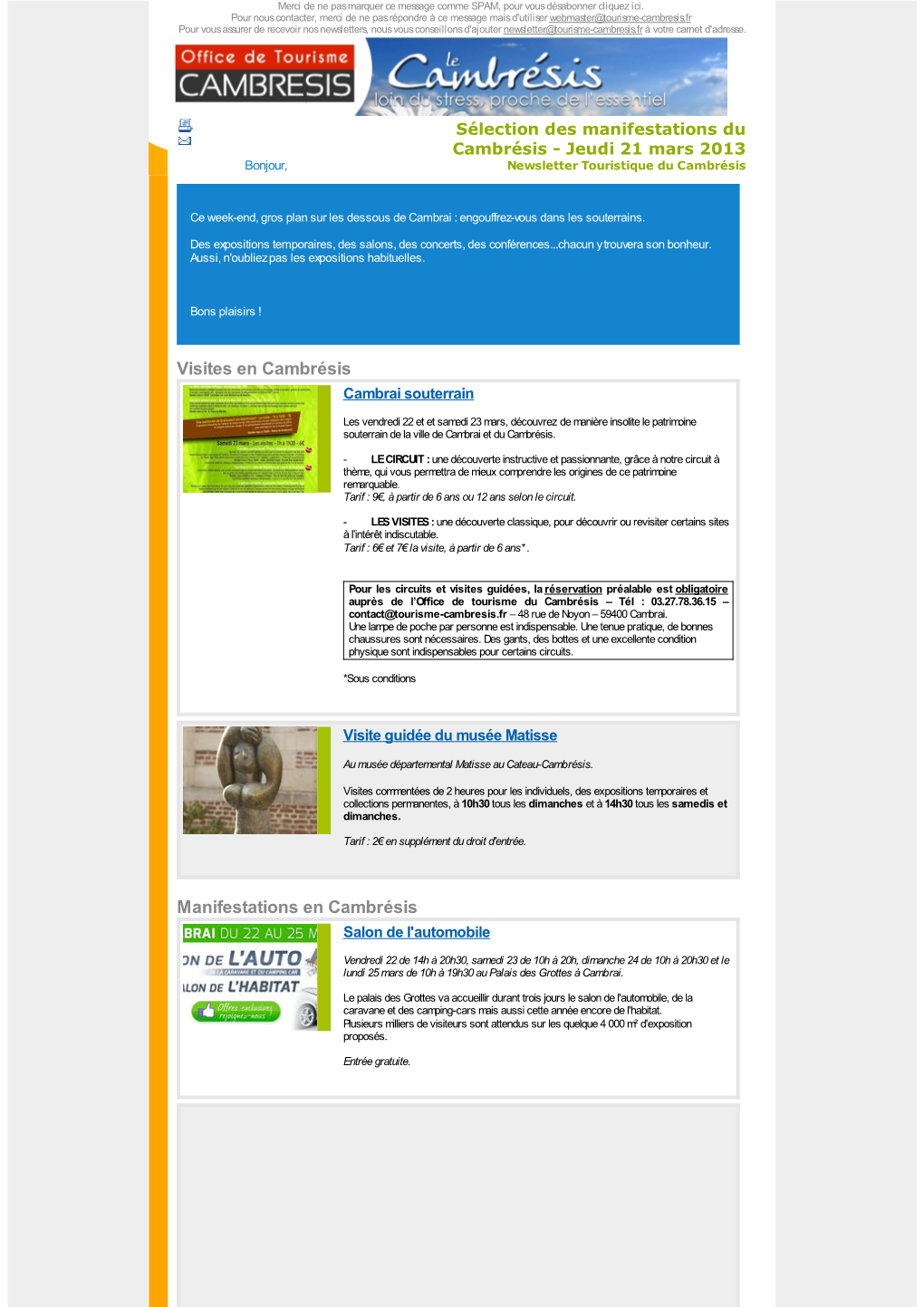 Sélection Des Manifestations Du Cambrésis - Jeudi 21 Mars 2013 Bonjour, Newsletter Touristique Du Cambrésis