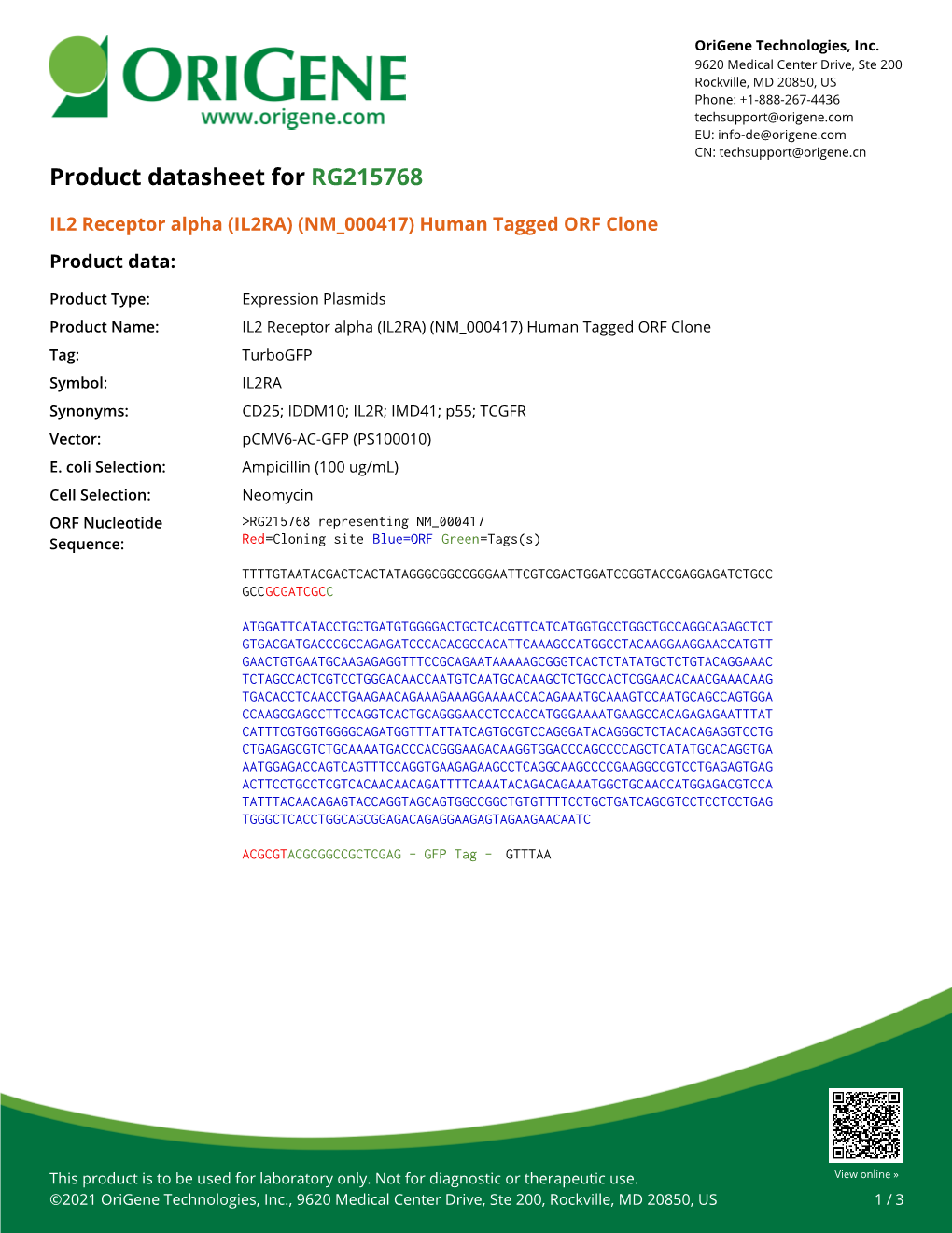 IL2 Receptor Alpha (IL2RA) (NM 000417) Human Tagged ORF Clone Product Data