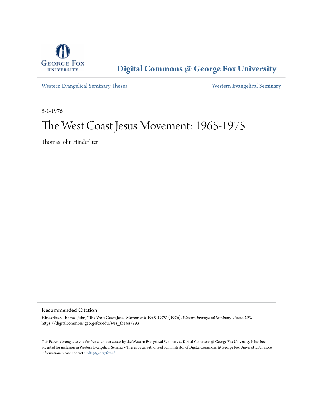 The West Coast Jesus Movement: 1965-1975