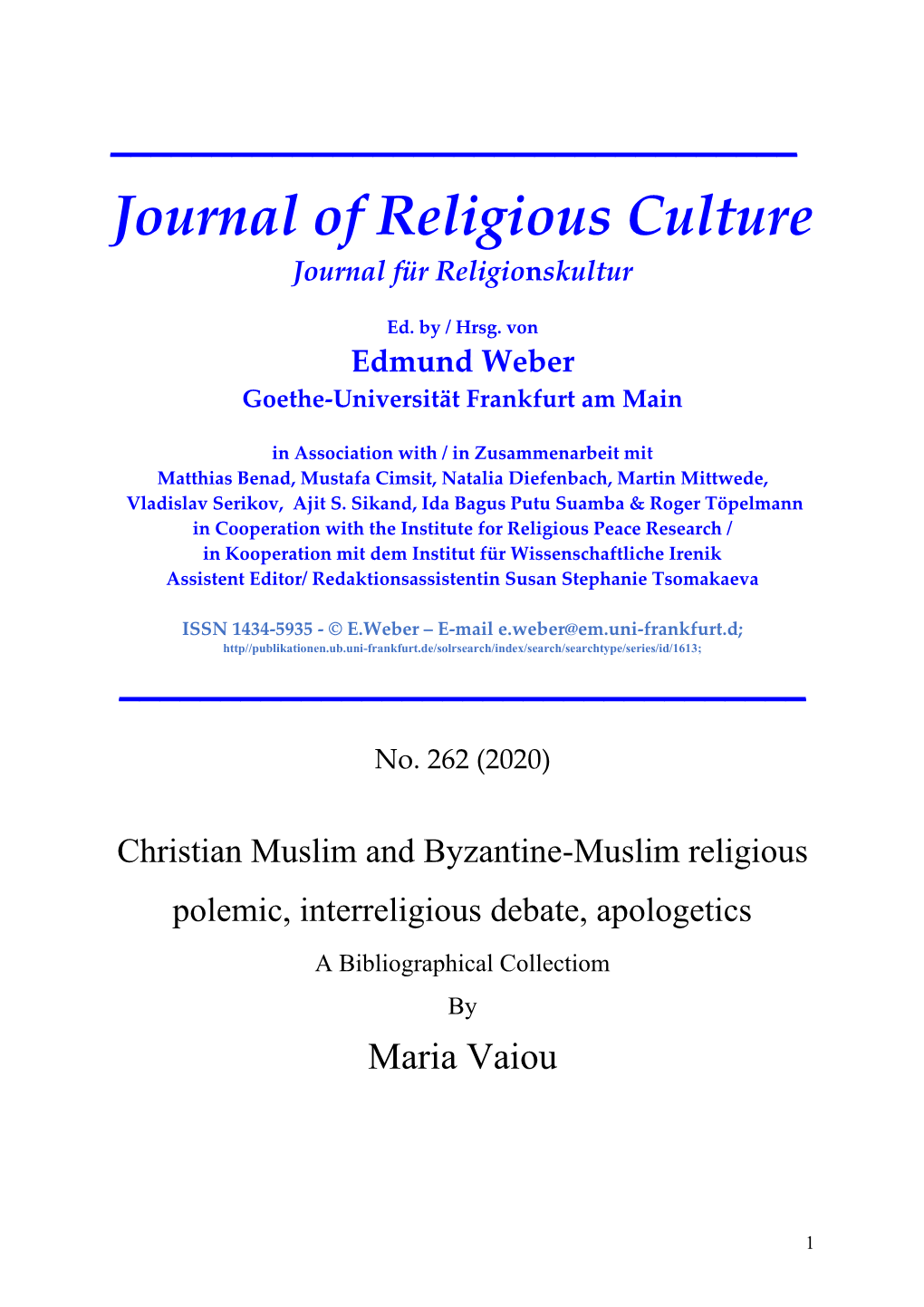 Journal of Religious Culture Journal Für Religionskultur