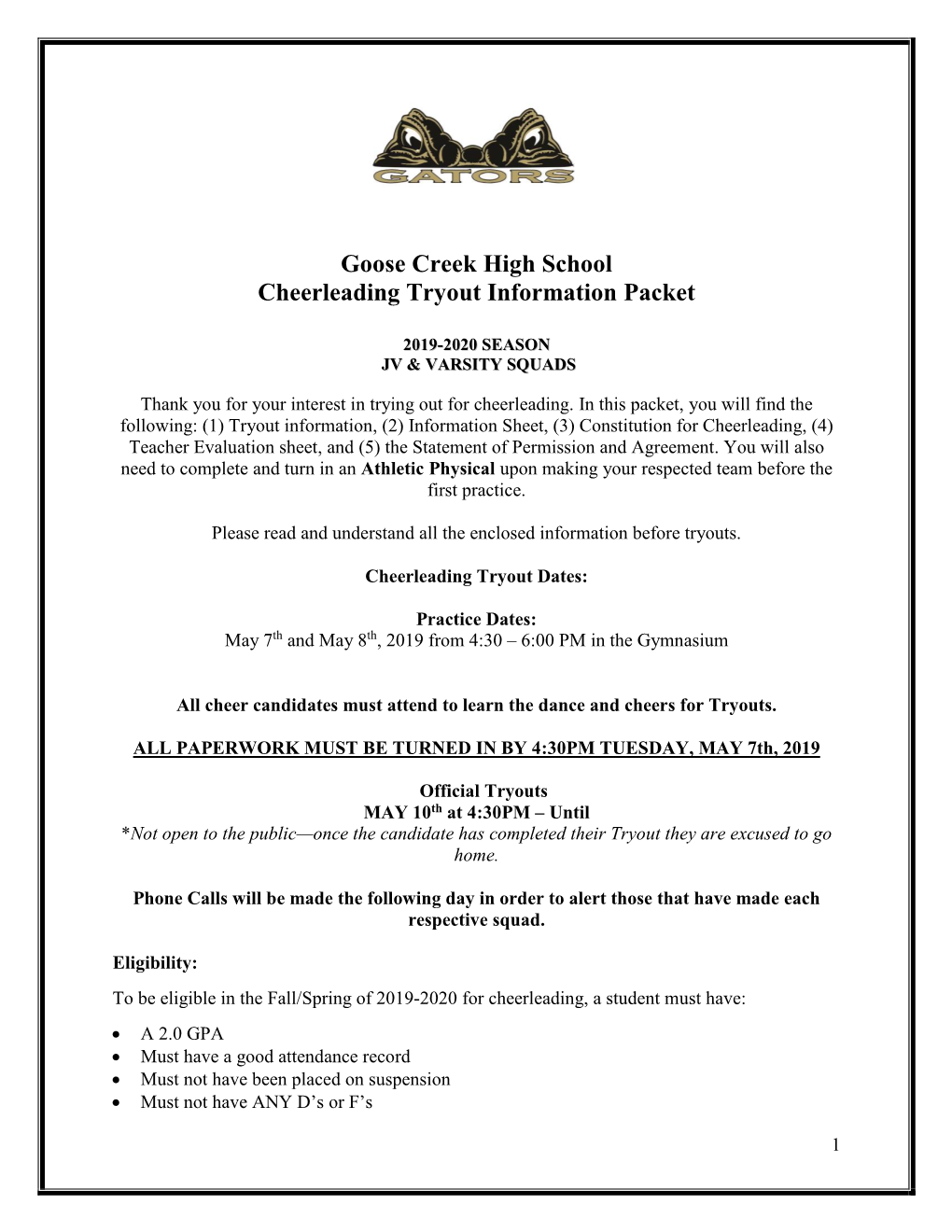 Butler High School Cheerleading Tryout Packet