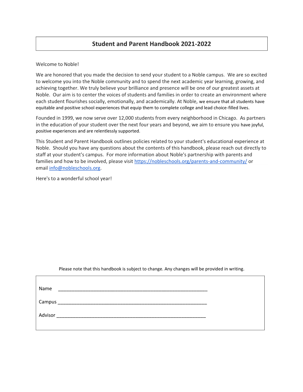 Student and Parent Handbook 2021-2022