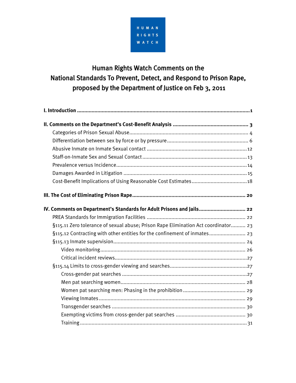 Human Rights Watch Comments on the National Standards to Prevent, Detect, and Respond to Prison Rape, Proposed by the Department of Justice on Feb 3, 2011