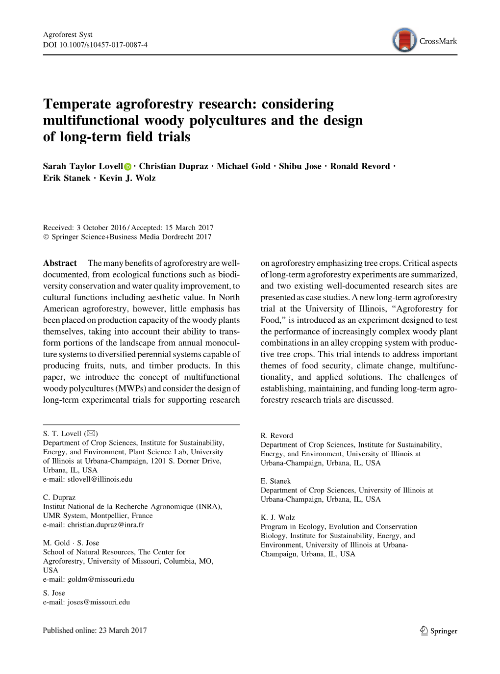 Temperate Agroforestry Research: Considering Multifunctional Woody Polycultures and the Design of Long-Term ﬁeld Trials