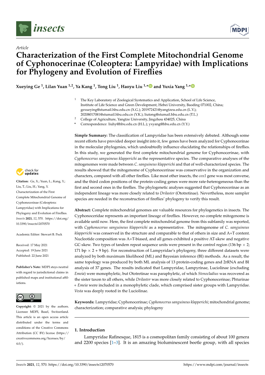Characterization of the First Complete Mitochondrial Genome of Cyphonocerinae (Coleoptera: Lampyridae) with Implications for Phylogeny and Evolution of Fireﬂies