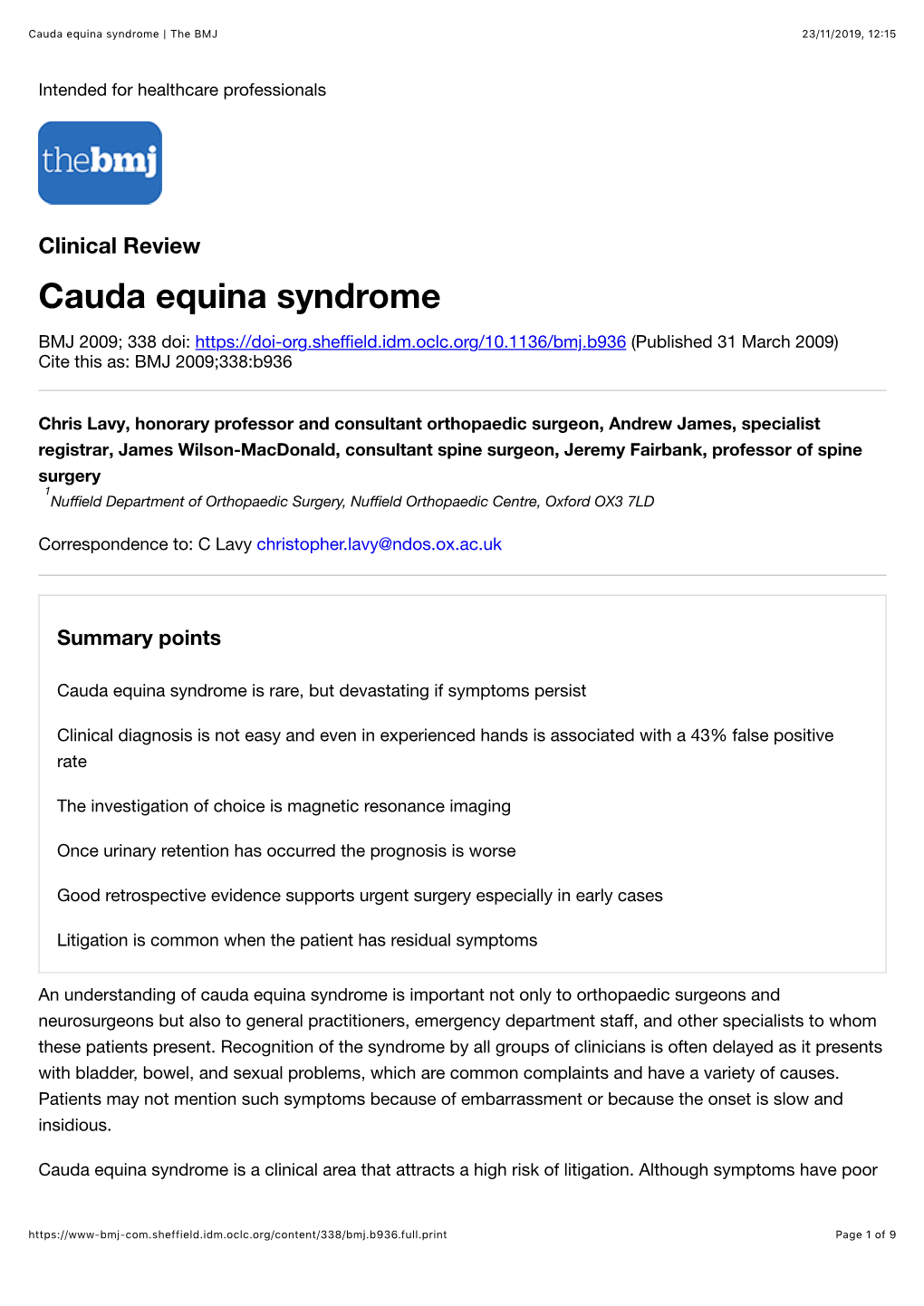 Cauda Equina Syndrome | the BMJ 23/11/2019, 12�15