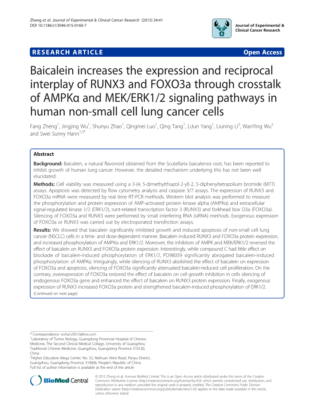 Baicalein Increases the Expression and Reciprocal Interplay of RUNX3