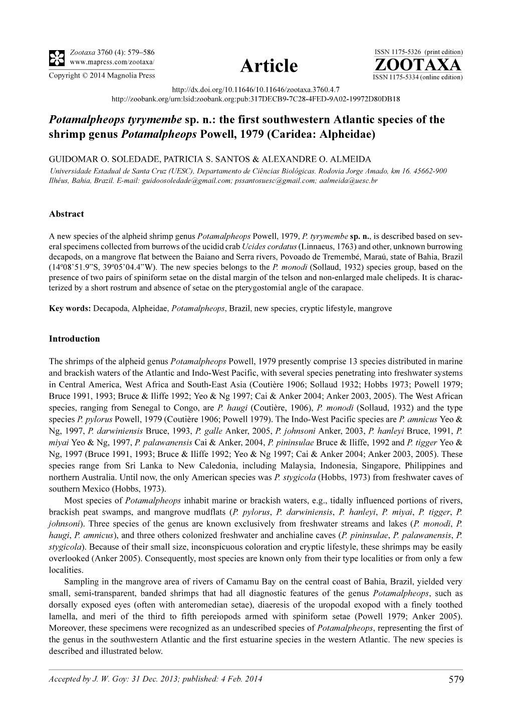 Potamalpheops Tyrymembe Sp. N.: the First Southwestern Atlantic Species of the Shrimp Genus Potamalpheops Powell, 1979 (Caridea: Alpheidae)