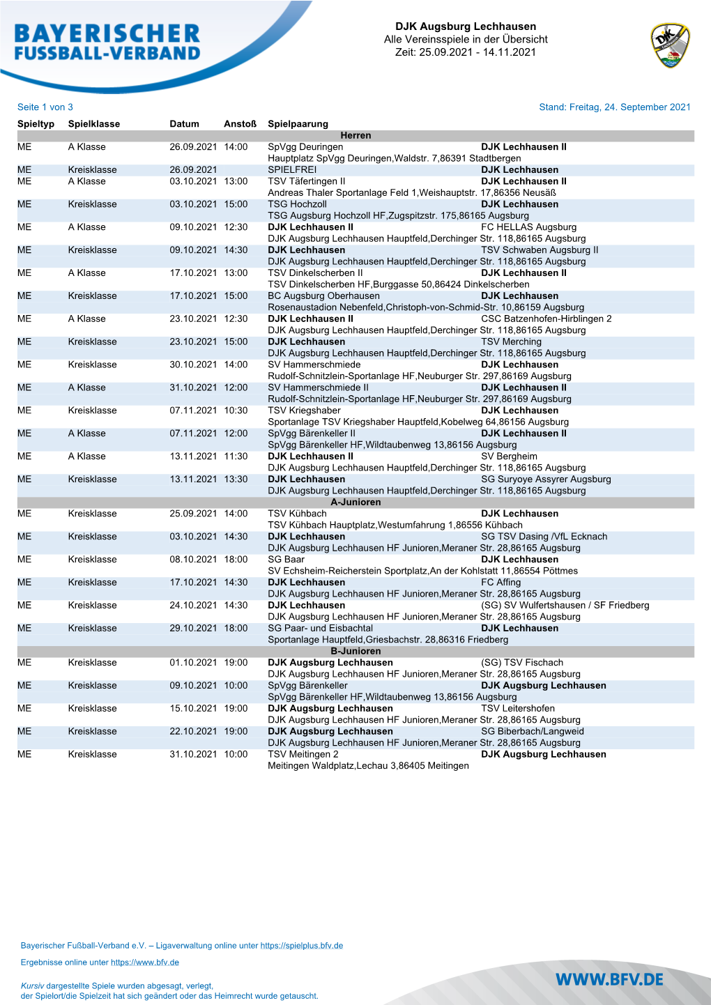 DJK Augsburg Lechhausen Alle Vereinsspiele in Der Übersicht Zeit: 25.09.2021 - 14.11.2021