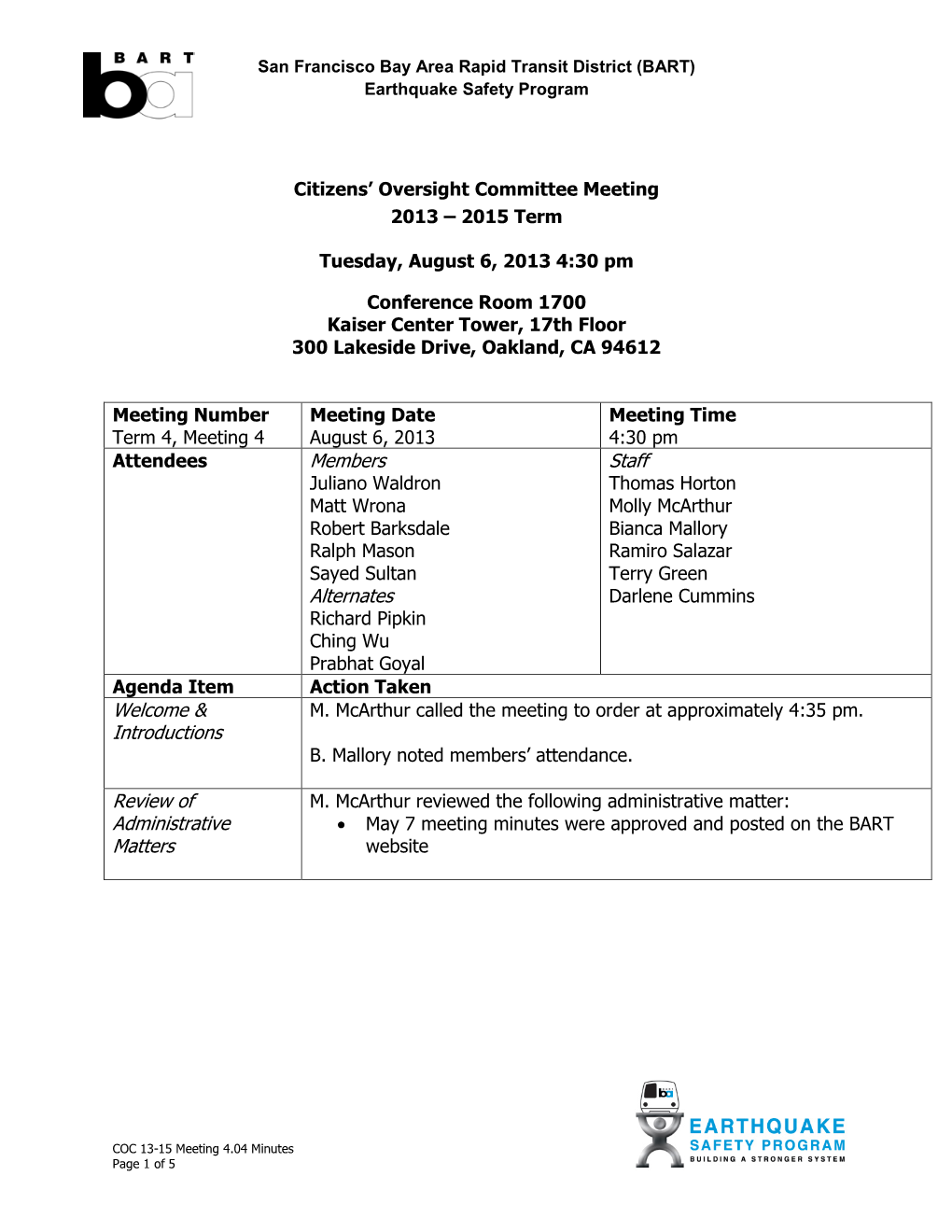 Citizens' Oversight Committee Meeting 2013 – 2015 Term