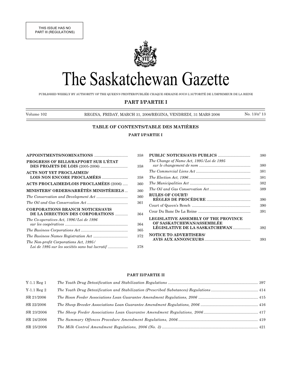 Sask Gazette, Part I, Mar 31, 2006