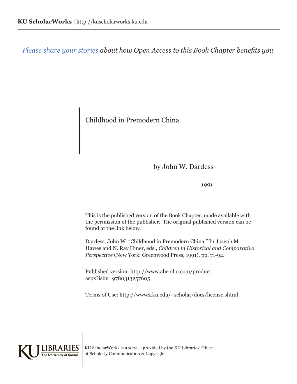 Childhood in Premodern China by John W. Dardess Please Share Your