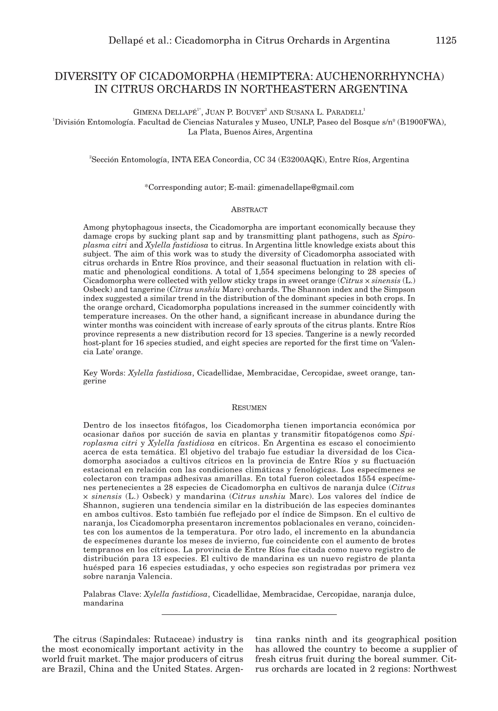 Dellapé Et Al.: Cicadomorpha in Citrus Orchards in Argentina 1125