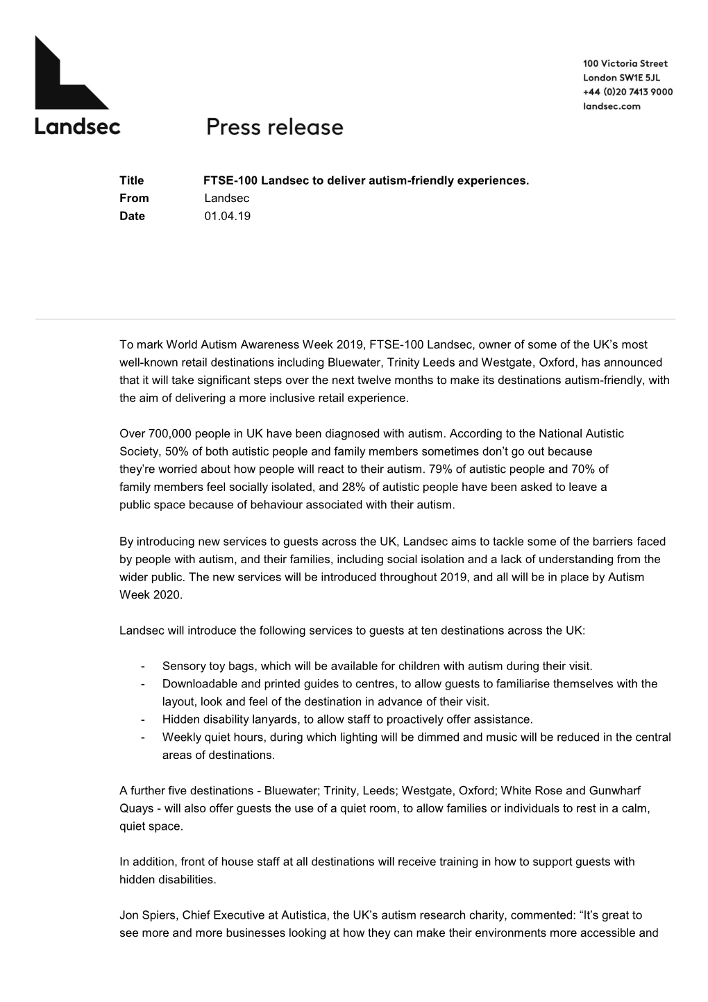 Title FTSE-100 Landsec to Deliver Autism-Friendly Experiences. from Landsec Date 01.04.19