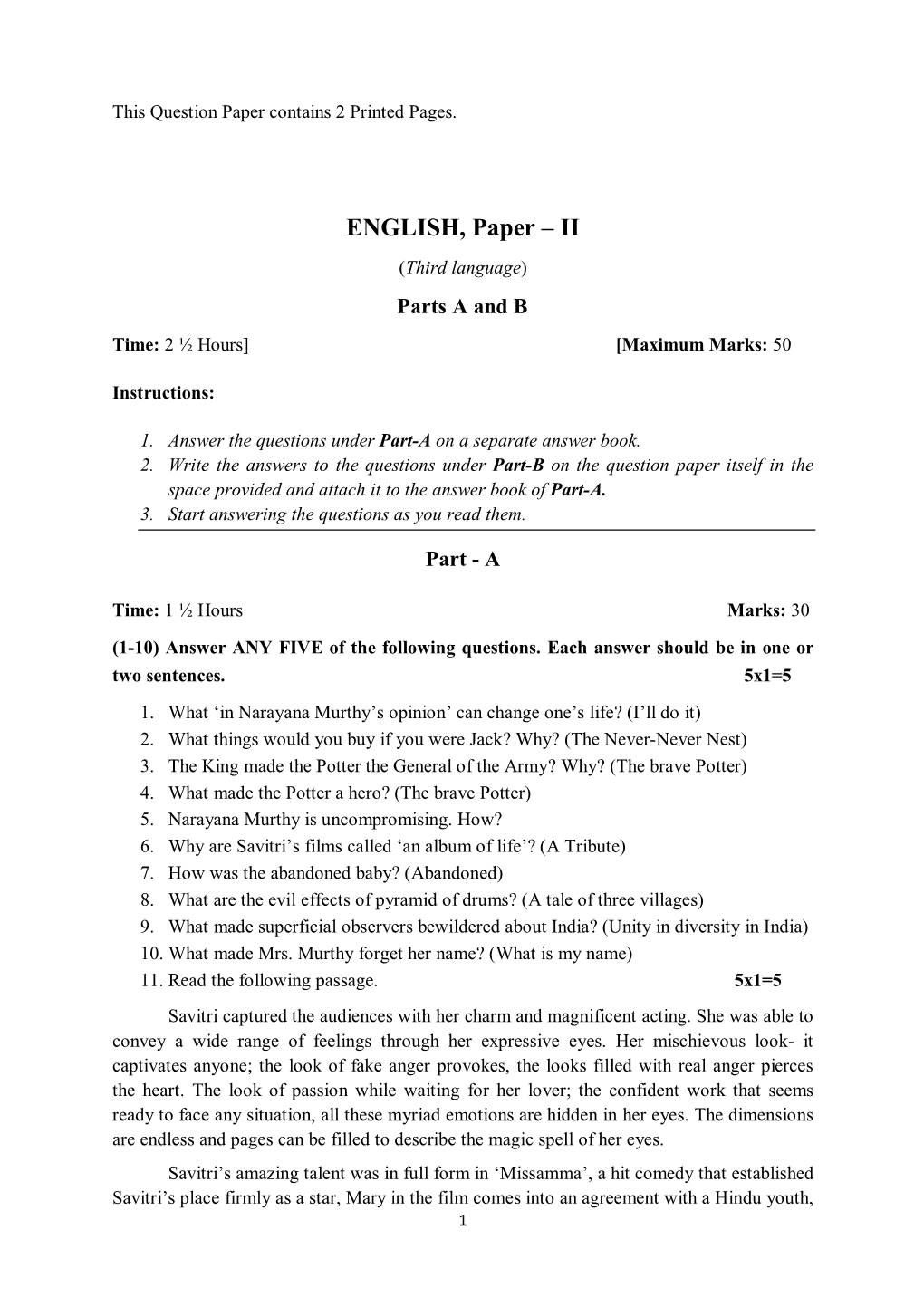 ENGLISH, Paper – II (Third Language) Parts a and B Time: 2 ½ Hours] [Maximum Marks: 50