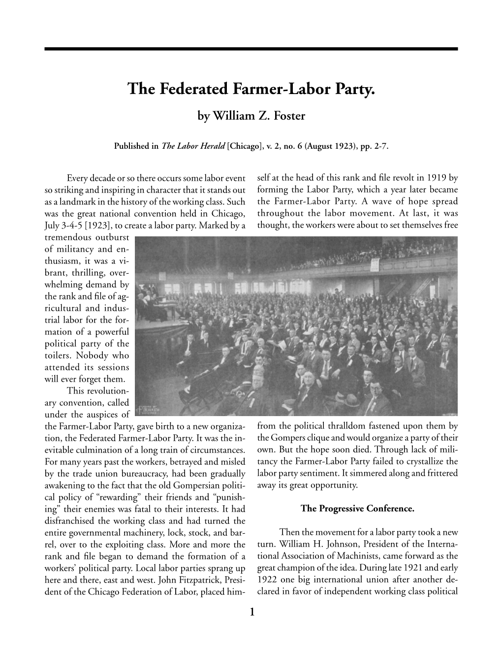 1923: William Z. Foster on the Federated Farmer-Labor Party