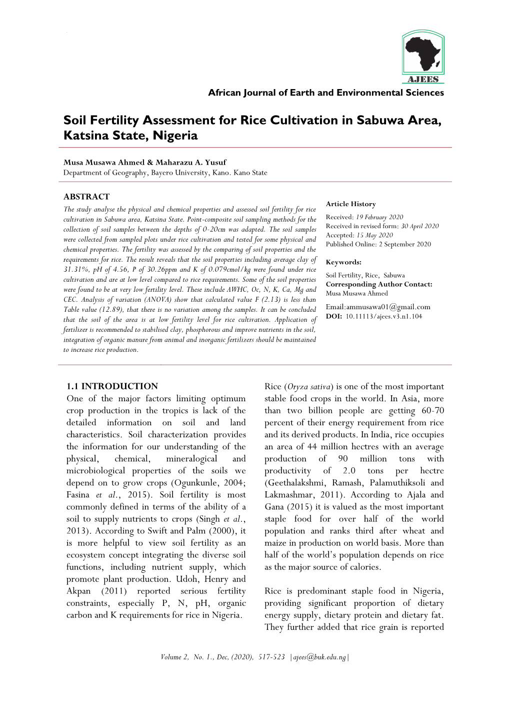 Soil Fertility Assessment for Rice Cultivation in Sabuwa Area, Katsina State, Nigeria