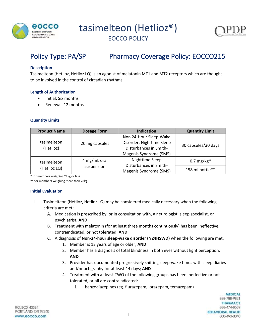 Tasimelteon (Hetlioz®) EOCCO POLICY