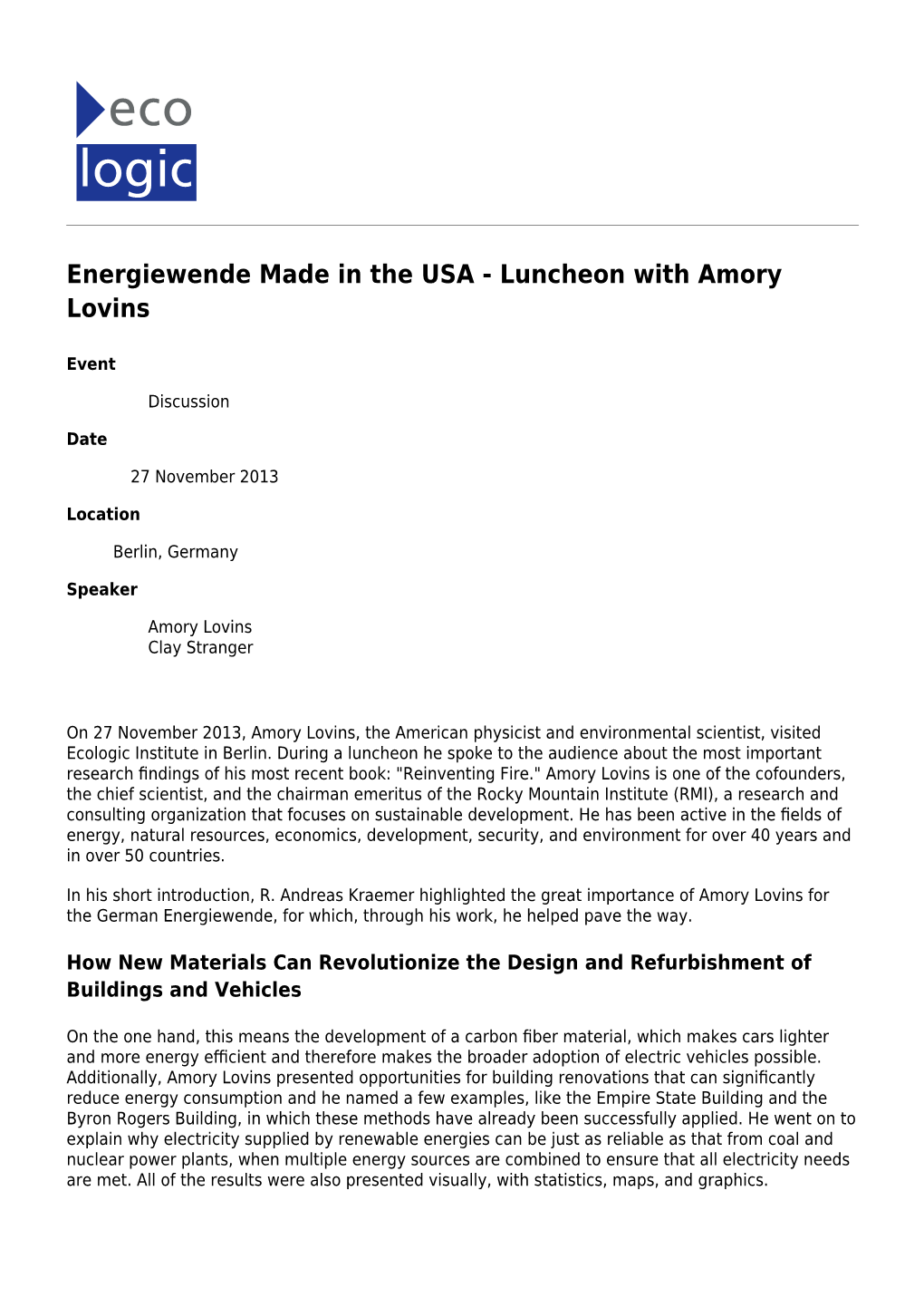 Energiewende Made in the USA - Luncheon with Amory Lovins