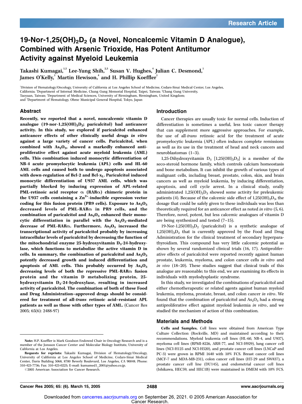 19-Nor-1,25(OH)2D2 (A Novel, Noncalcemic Vitamin D Analogue), Combined with Arsenic Trioxide, Has Potent Antitumor Activity Against Myeloid Leukemia