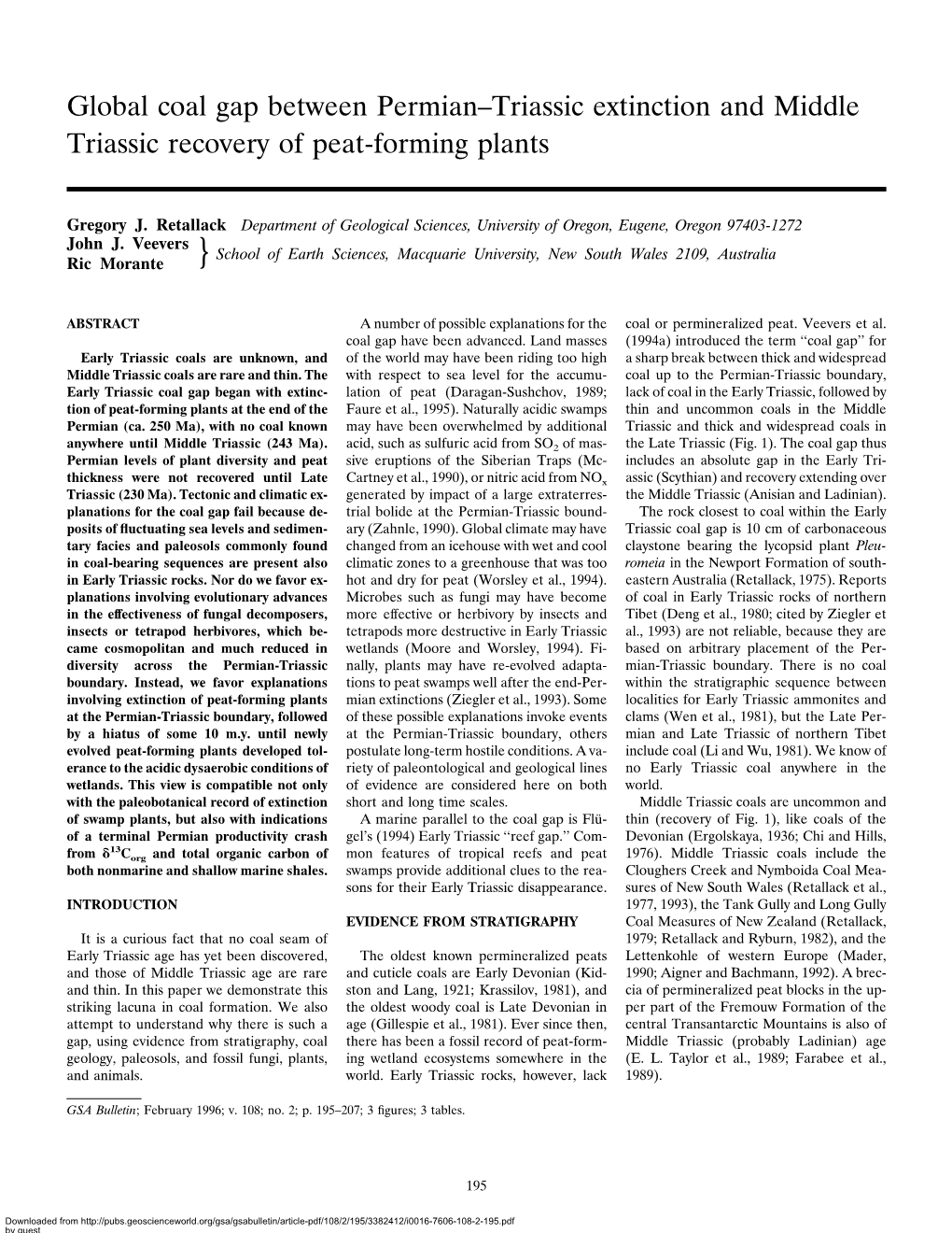 Global Coal Gap Between Permian–Triassic Extinction and Middle Triassic Recovery of Peat-Forming Plants