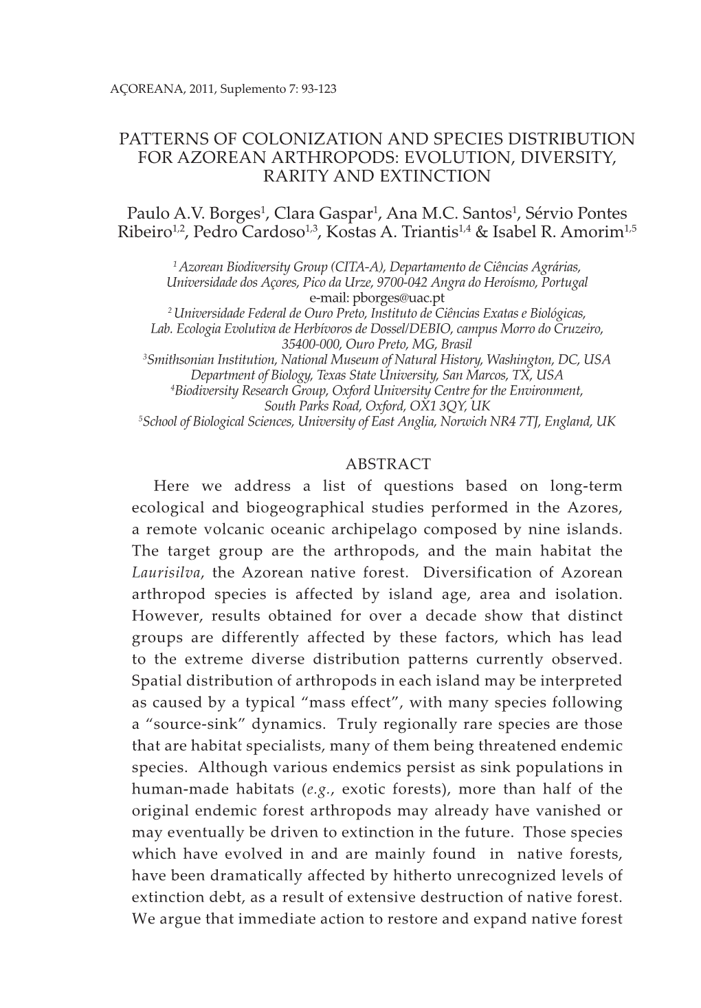 Patterns of Colonization and Species Distribution for Azorean Arthropods: Evolution, Diversity, Rarity and Extinction