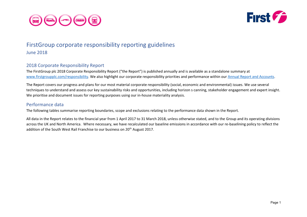 Firstgroup Corporate Responsibility Reporting Guidelines June 2018
