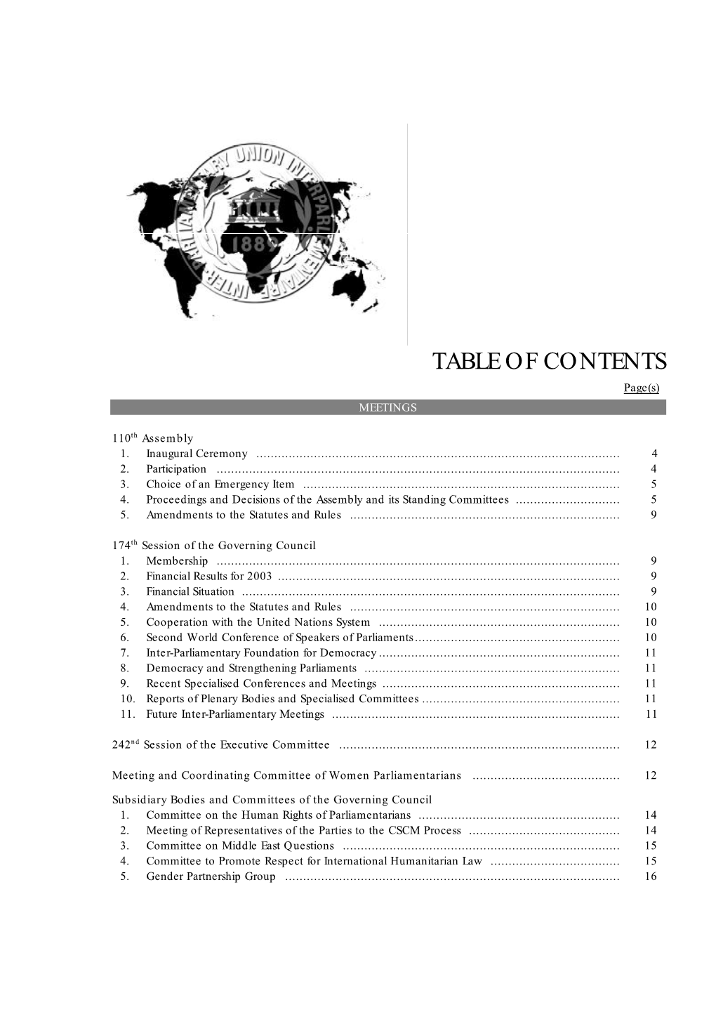 TABLE of CONTENTS Page(S) MEETINGS