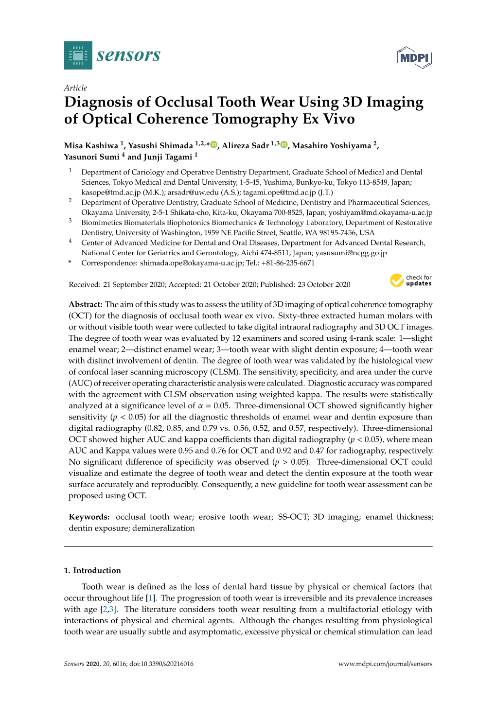 Diagnosis of Occlusal Tooth Wear Using 3D Imaging of Optical Coherence Tomography Ex Vivo