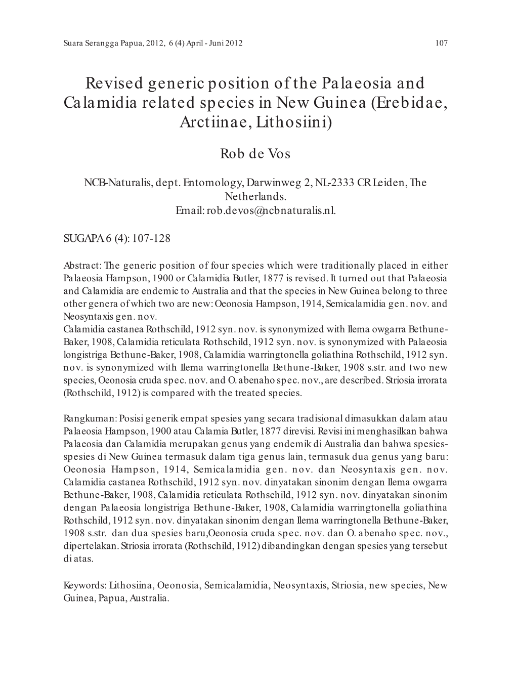 Revised Generic Position of the Palaeosia and Calamidia Related Species in New Guinea (Erebidae, Arctiinae, Lithosiini)