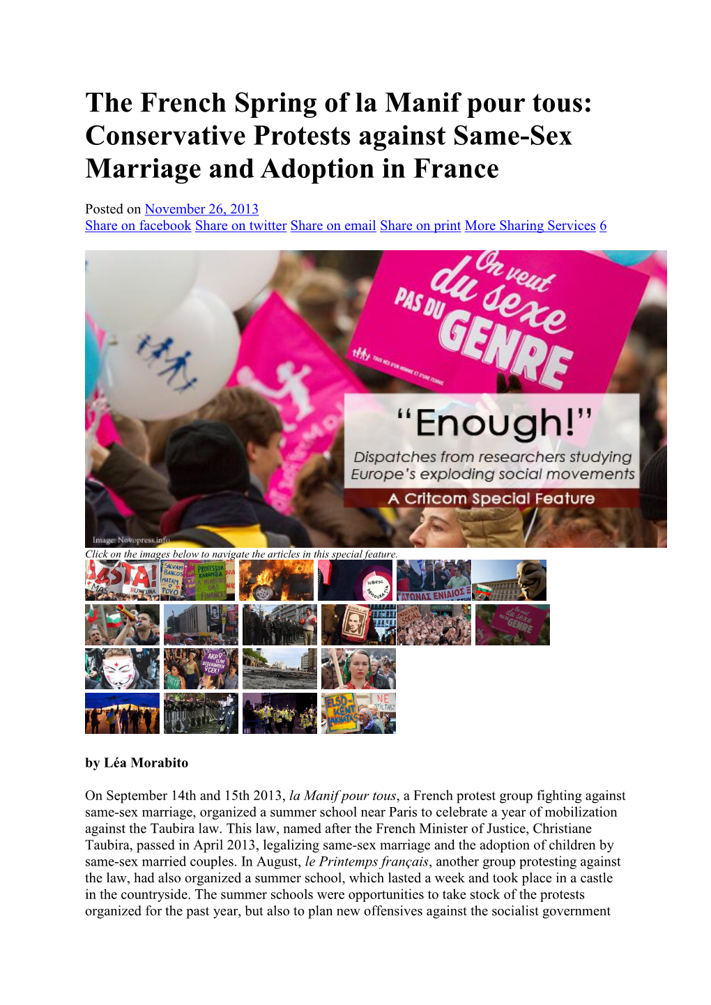 The French Spring of La Manif Pour Tous: Conservative Protests Against Same-Sex Marriage and Adoption in France