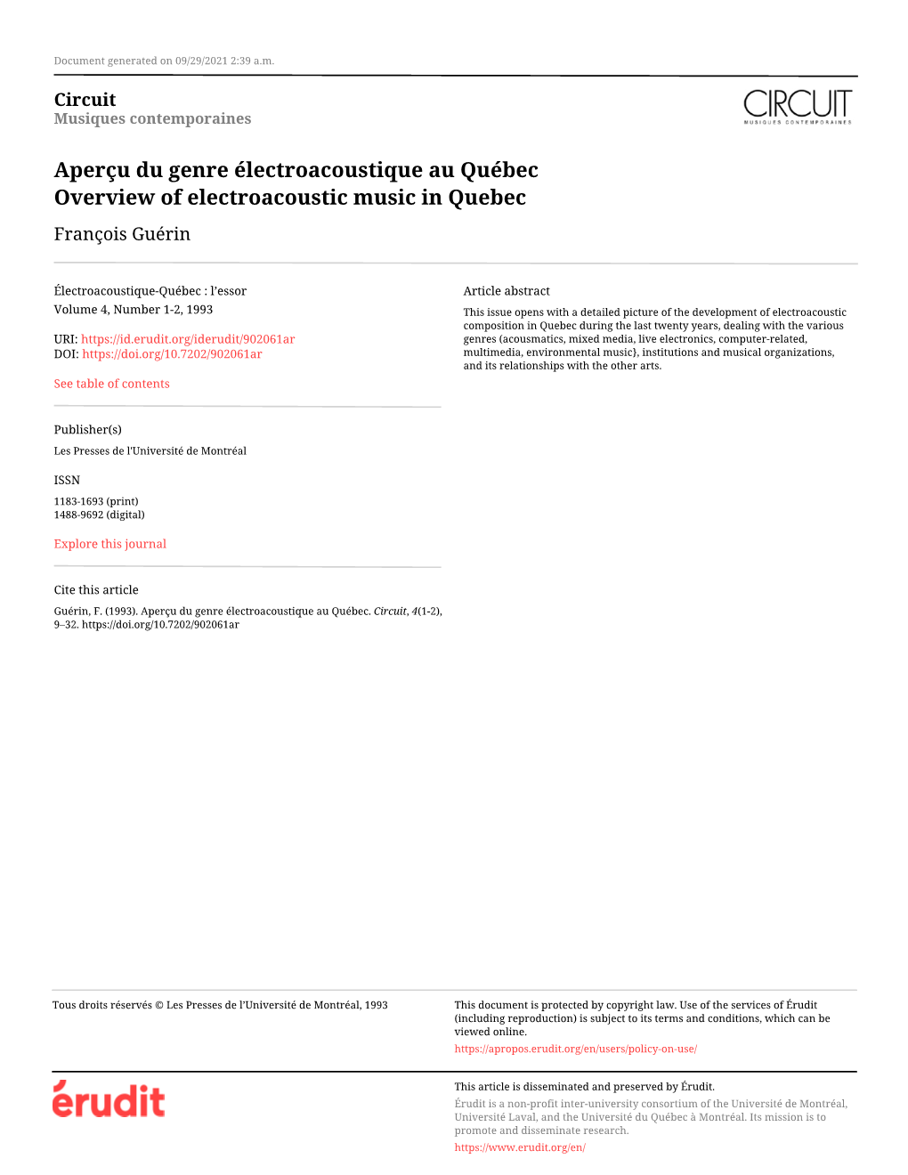 Aperçu Du Genre Électroacoustique Au Québec Overview of Electroacoustic Music in Quebec François Guérin