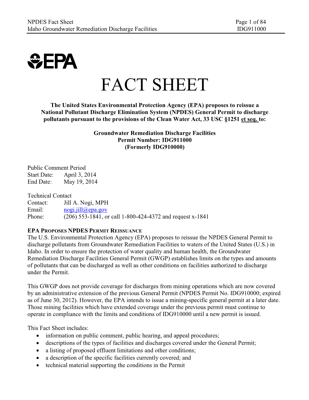 Groundwater Remediation Discharge Facilities Permit Reissuance Fact