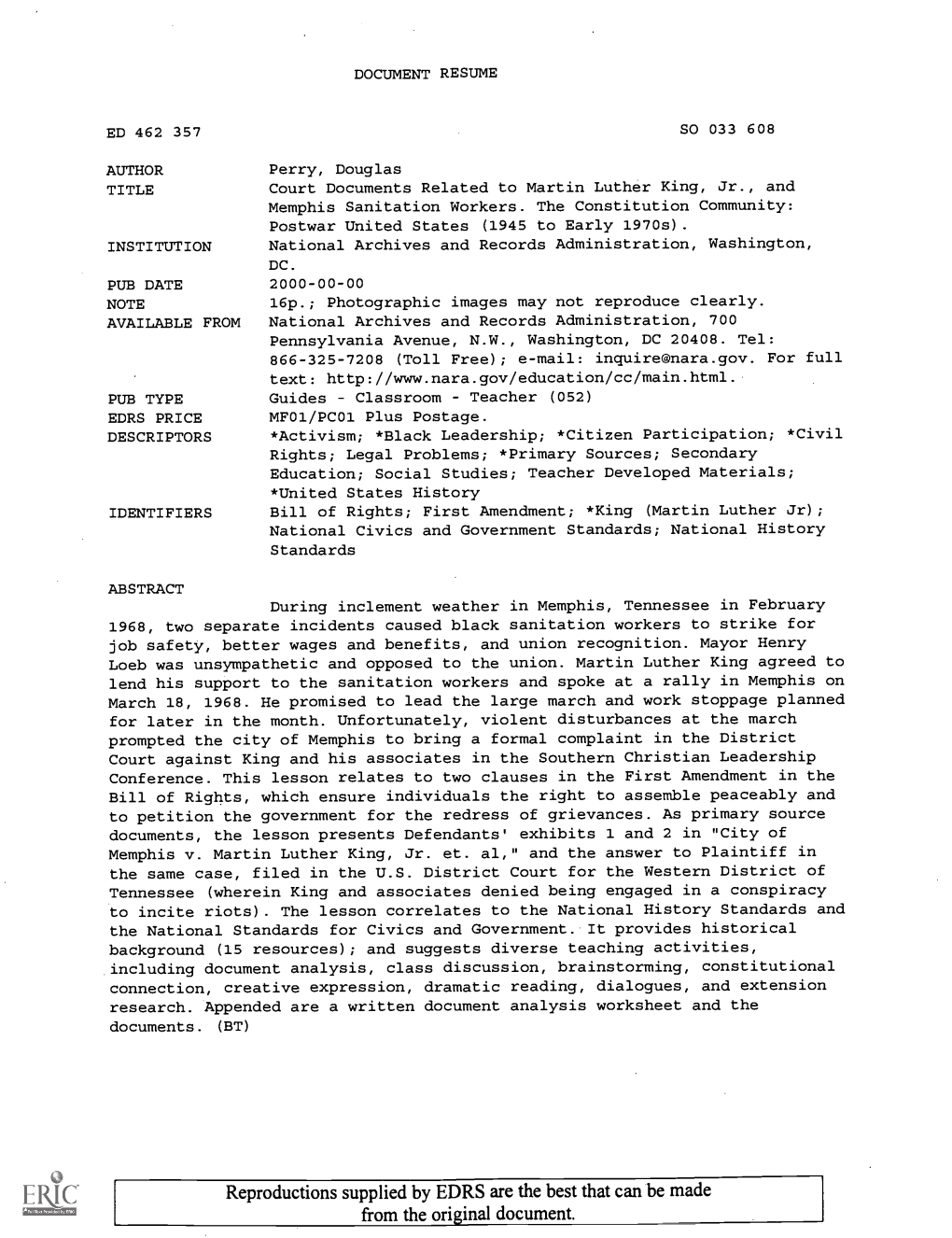 Court Documents Related to Martin Luther King, Jr., and Memphis Sanitation Workers. the Constitution Community: Postwar United States (1945 to Early 1970S)