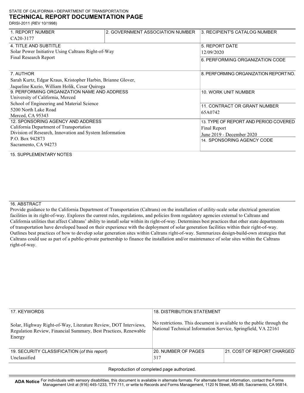 Solar Power Initiative Using Caltrans Right-Of-Way Final Research Report