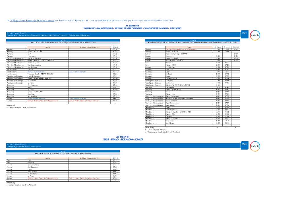 Le Collège Notre Dame De La Renaissance Est Desservi Par Les Lignes 18 - 19 - 201 Arrêt SOMAIN "4 Chemins" Ainsi Que Les Services Scolaires Détaillés Ci-Dessous