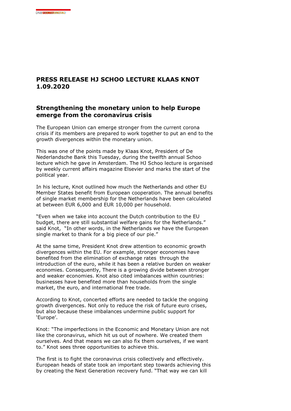 Press Release Hj Schoo Lecture Klaas Knot 1.09.2020