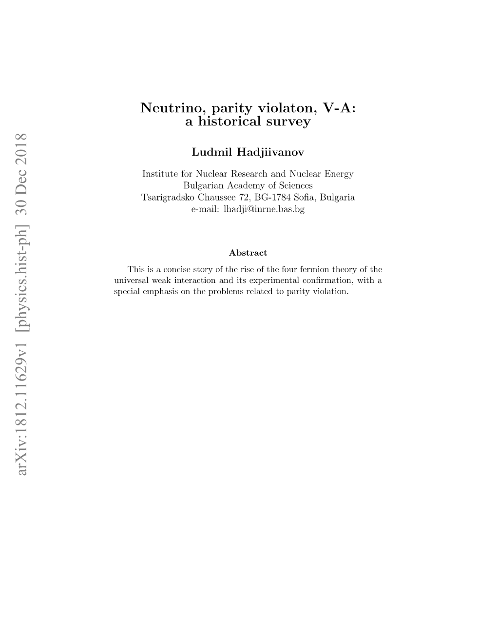 Neutrino, Parity Violaton, VA: a Historical Survey