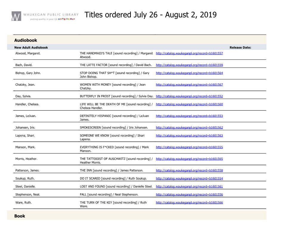 Titles Ordered July 26 - August 2, 2019