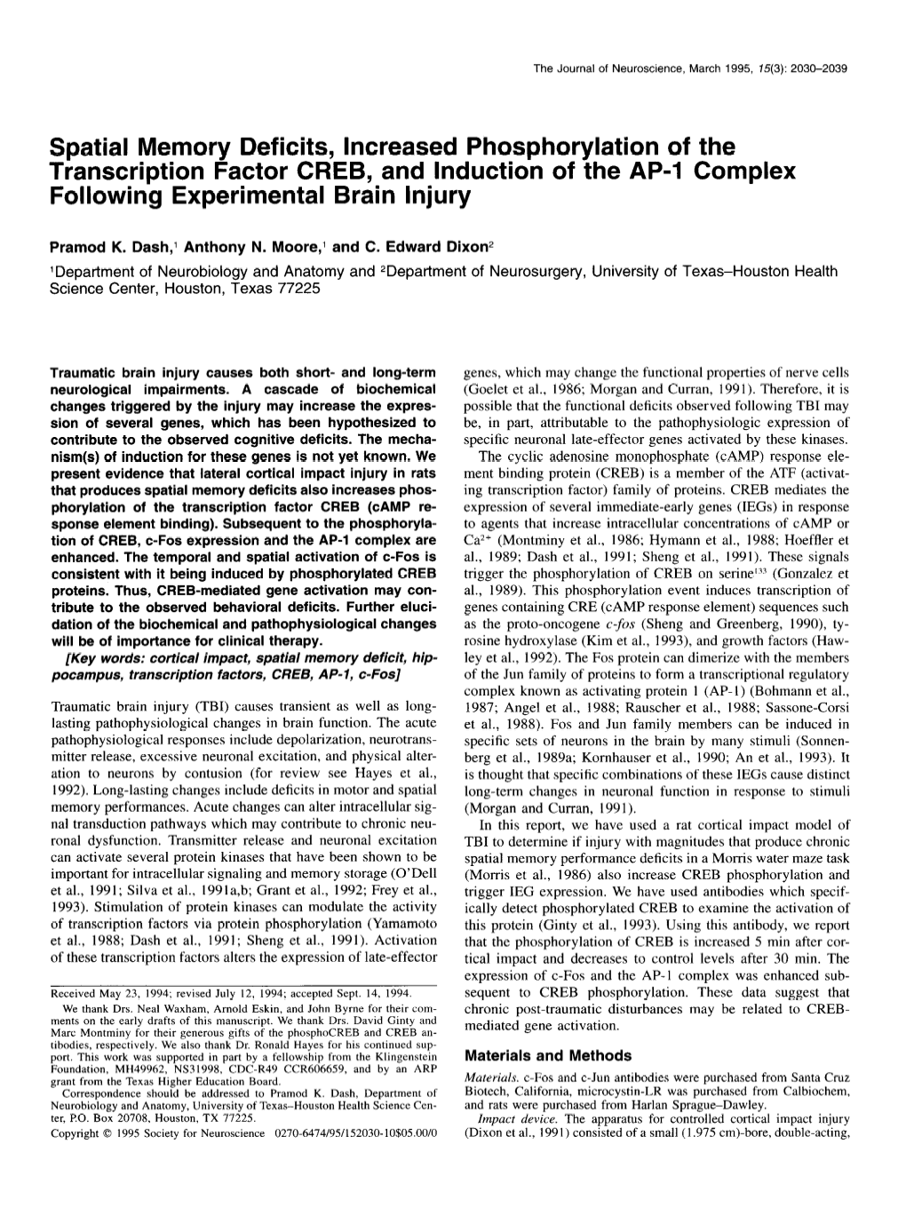 Spatial Memory Deficits, Increased Phosphorylation of the Transcription Factor CREB, and Induction of the AP-1 Complex Following Experimental Brain Injury